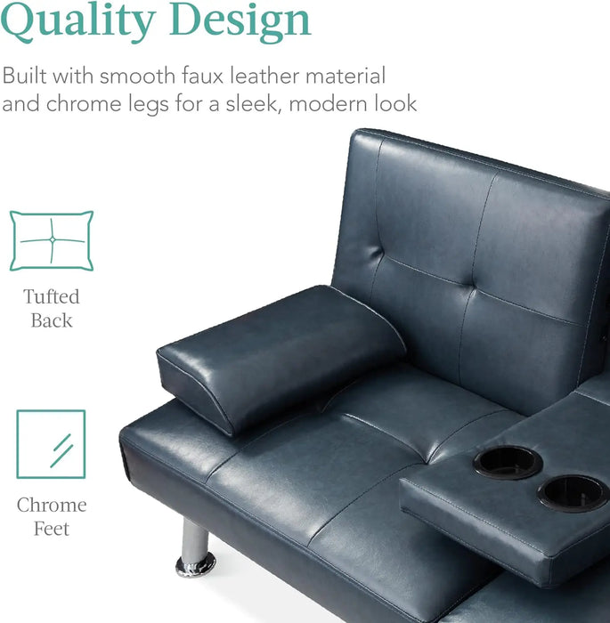 Faux Leather Upholstered Modern Convertible Futon, Adjustable Folding Sofa Bed, Guest Bed w/Removable Armrests