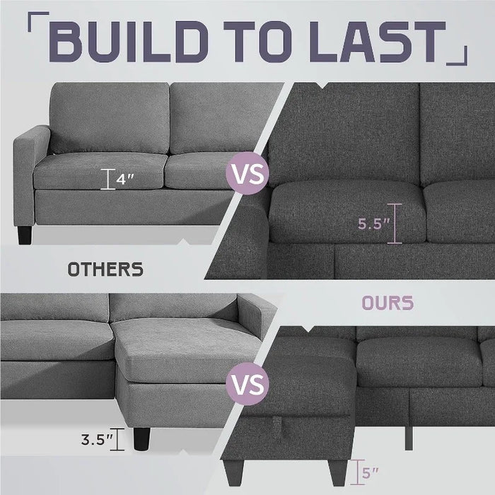 Sectional Sofa L-Shaped Couch, Couches for Living Room with Reversible Storage Chaise & Side Storage Pockets, 3-Seat Linen Sofa