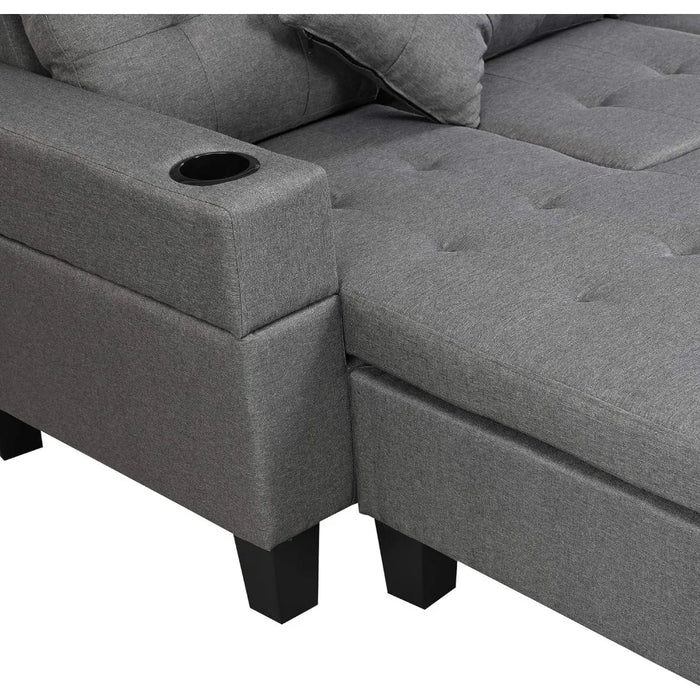 Modular Sofa Set with L-shaped Lounge Living Room, Cup Holder and Left-hand Chaise Longue Modern 4-seater, Grey
