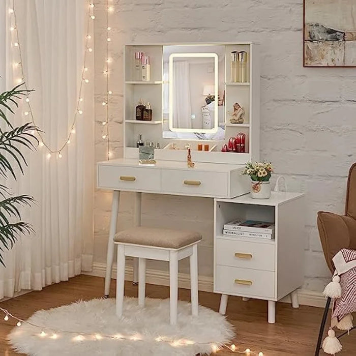 BEWISHOME Vanity Desk, White Vanity with Charging Station & Nightstand, Makeup Desk Makeup Vanity with Lights with 3