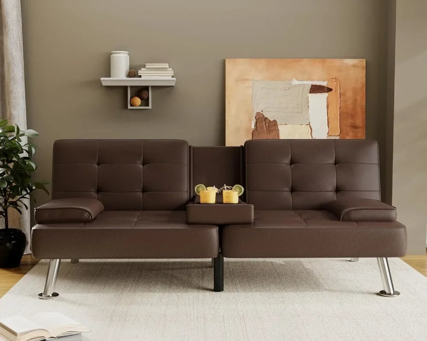Futon Sofa Bed Modern Faux Leather Couch, Convertible Folding Couch Recliner Lounge for Living Room w/ 2 Cup Holders w/ Armrest