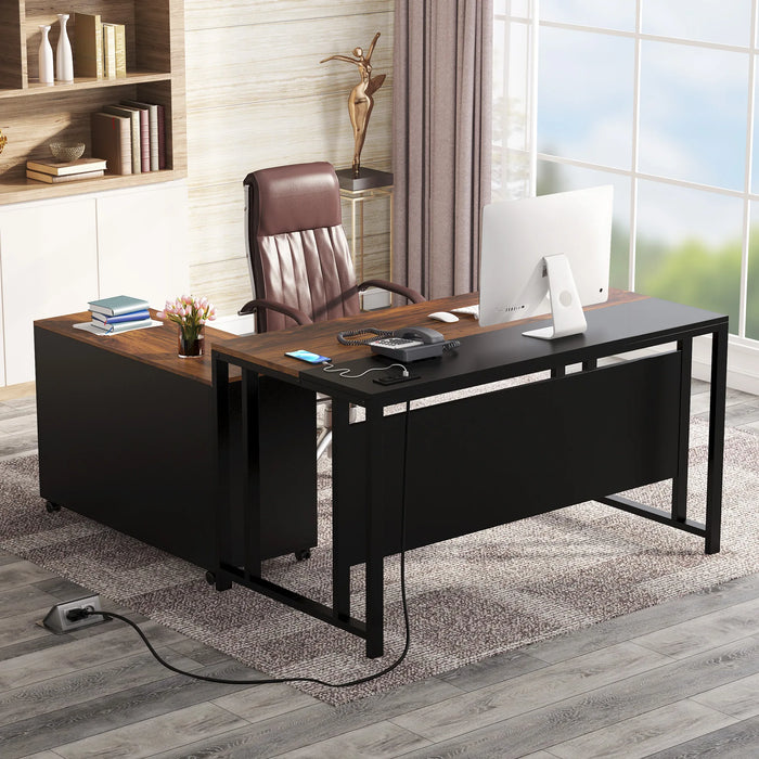 Tribesigns L-Shaped Computer Desk with Power Outlet and Drawer Cabinet, 55 inch Large Executive Office Desk Business Furniture