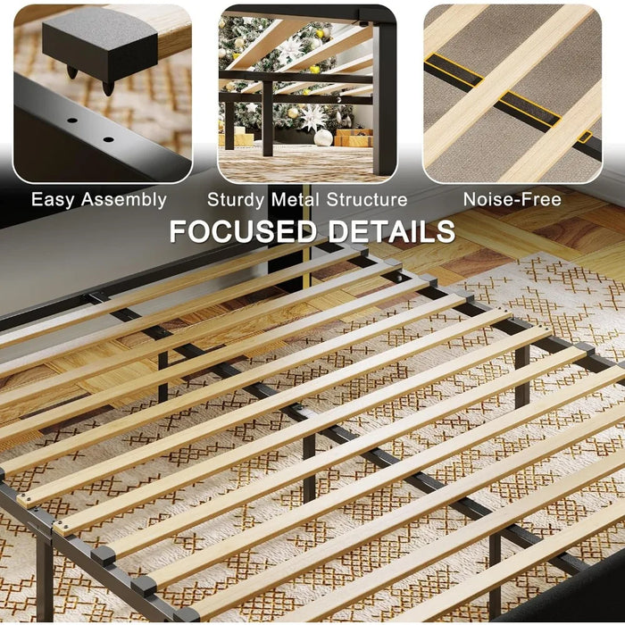 Modern Upholstered Bed ,with 4 Drawers, Upholstered Storage Headboard with Charging Station, Queen Bed Frame