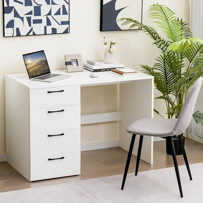 Tangkula White Desk with 4 Storage Drawers, Home Office Writing Desk, Modern Executive Desk, Laptop PC Desk, Vanity Makeup