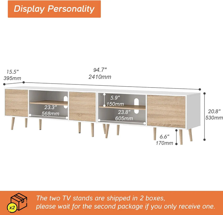 Mid Century TV Stand for up to 100 inch 2 in 1 Entertainment Center TV Console with Storage Cabinet for Living Room,White