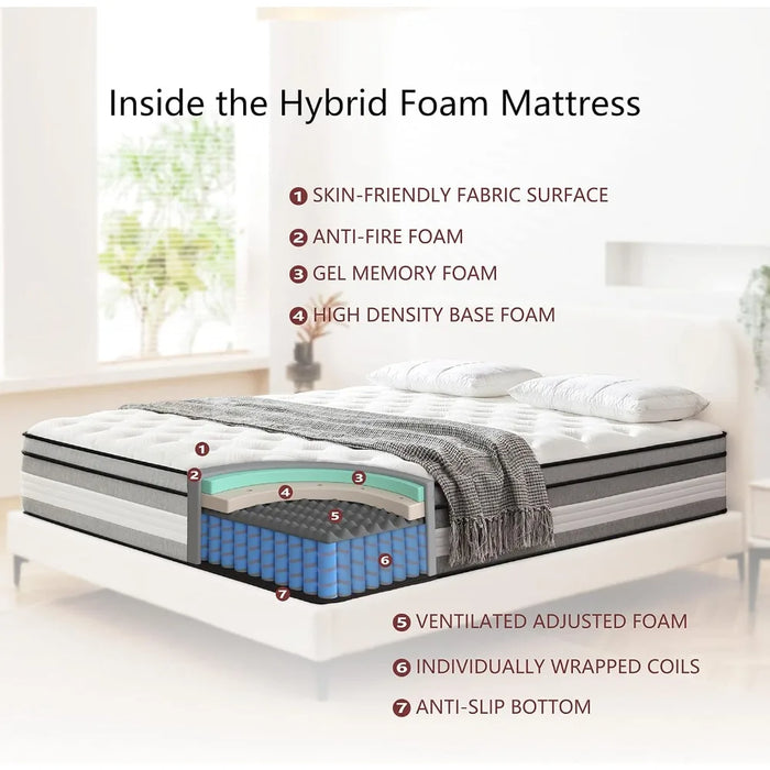 12" King Mattress Built-in Spring Hybrid Mattress, Boxed Gel Memory Foam, Pressure Relief, Medium Firm Support