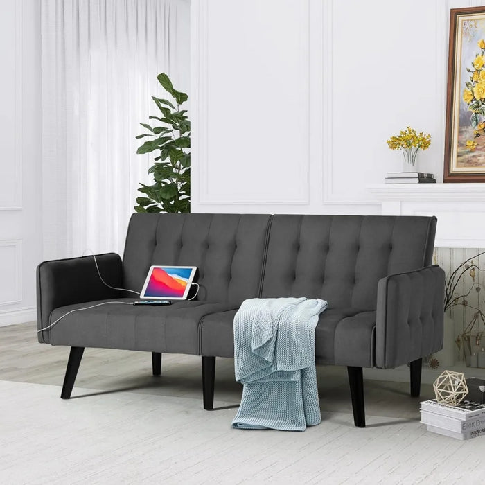 Sofa Bed with 2 USB, Tufted Foldable for Tight Small Spaces, Modern Fabric Linen Upholstered Foldable Futon Sofa Bed