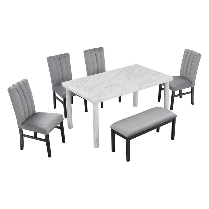 6-Piece Dining Table Set with Marble Veneer Table and 4 Flannelette Upholstered Dining Chairs & Bench