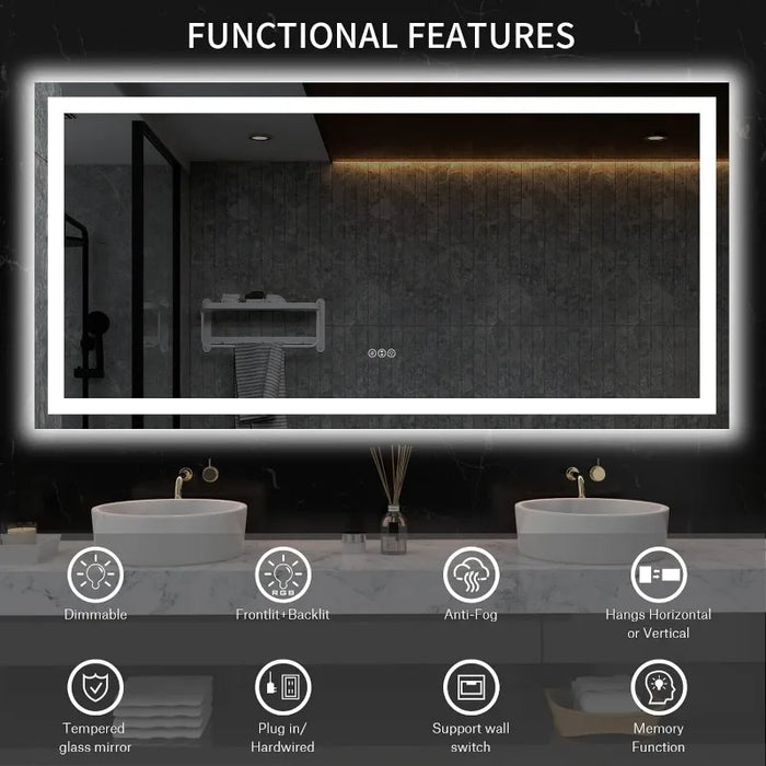LED Bathroom Mirror with Lights, 60X36Anti-Fog, Dimmable, Lighted Bathroom Vanity Mirror for Wall, Memory Function