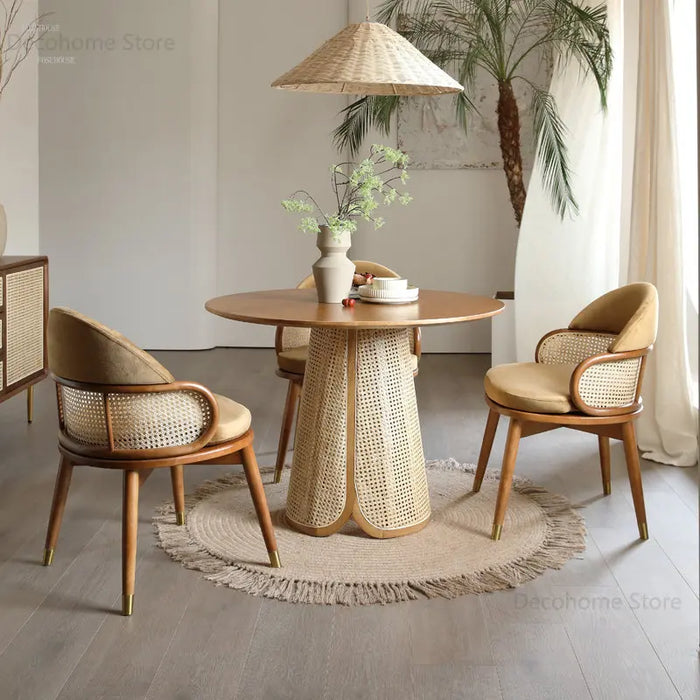 Modern Creative Homestay Dining Room Solid Wood Round Dining Tables Small Apartment Rattan Dining Table and Chair Set Furniture