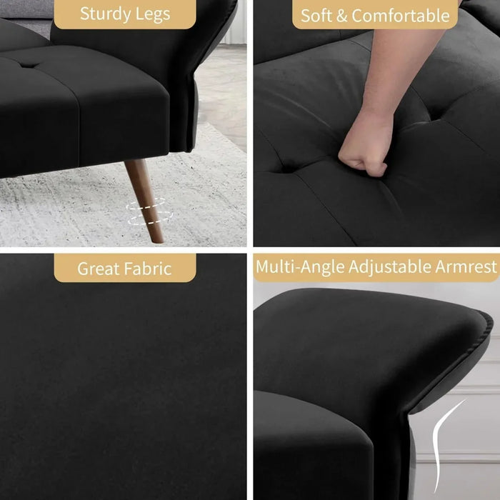 Sofa Bed for Living Room,Velvet Loveseat  for Apartments Office Small Spaces,w/Adjustable Armrests Backrest,Black