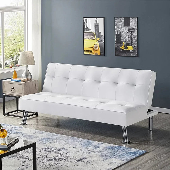 2023 New Easyfashion Convertible Black Faux Leather Futon Sofa Bed, Black