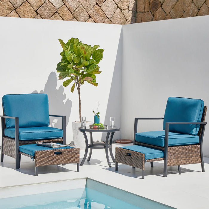 5 PCS Luxury Patio Conversation Set W/Ottoman Outdoor Wicker Rattan Furniture Set Comfortable Lounge Chair+Glass Top Side Table