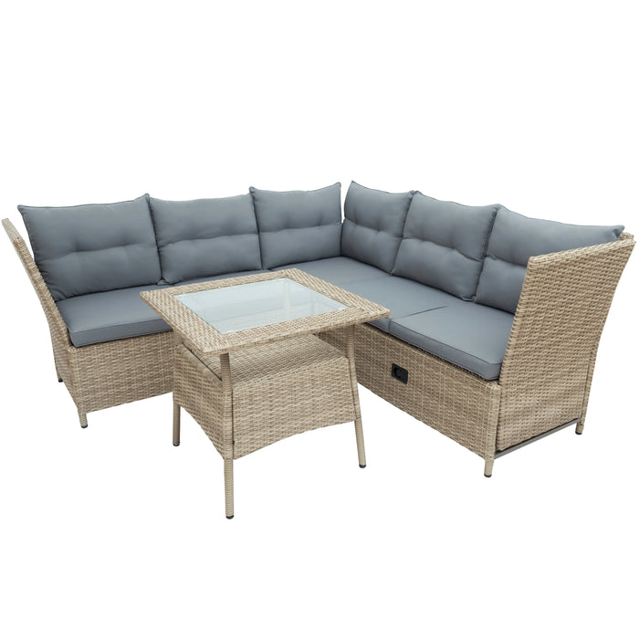 Outdoor Patio 4-Piece All Weather PE Wicker Rattan Sofa Set with Adjustable Backs for Backyard Poolside Gray[US-Stock]