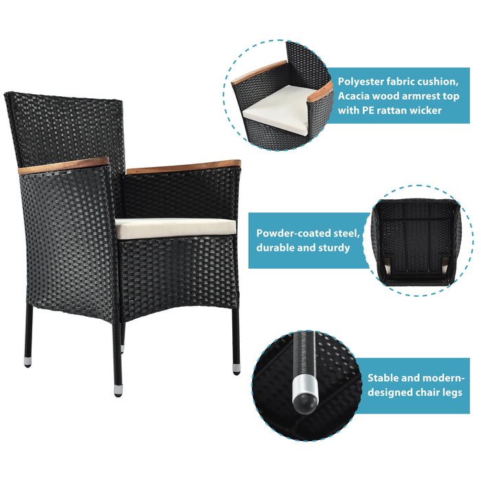 7-Pcs Outdoor Patio Furniture Set Garden PE Rattan Wicker Dining Table&Chairs Set Acacia Wood Tabletop Stackable Armrest Chairs