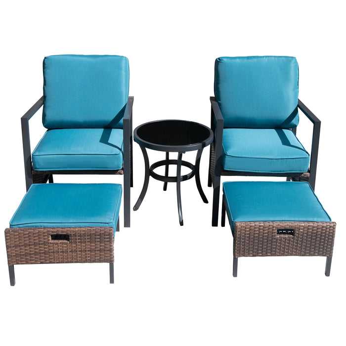 5 PCS Luxury Patio Conversation Set W/Ottoman Outdoor Wicker Rattan Furniture Set Comfortable Lounge Chair+Glass Top Side Table
