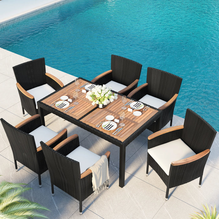 7-Pcs Outdoor Patio Furniture Set Garden PE Rattan Wicker Dining Table&Chairs Set Acacia Wood Tabletop Stackable Armrest Chairs