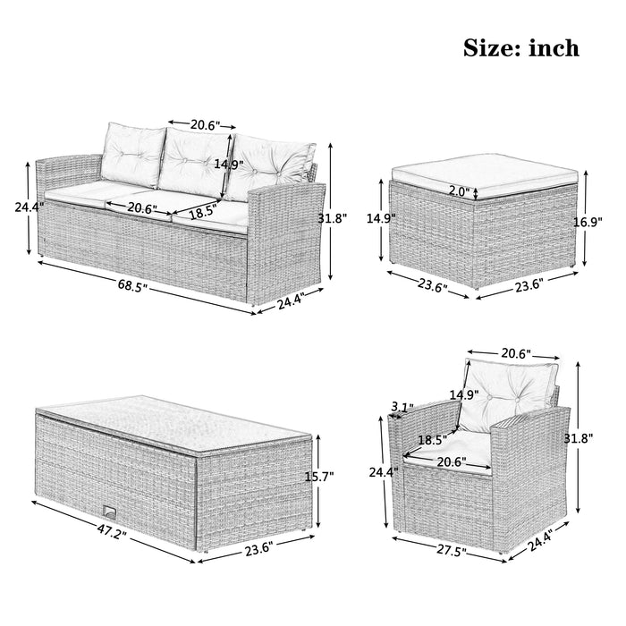 6Pcs All-Weather Wicker PE Rattan Patio Outdoor Dining Conversation Sectional Set W/Coffee Table Wicker Sofas Ottomans Cushions