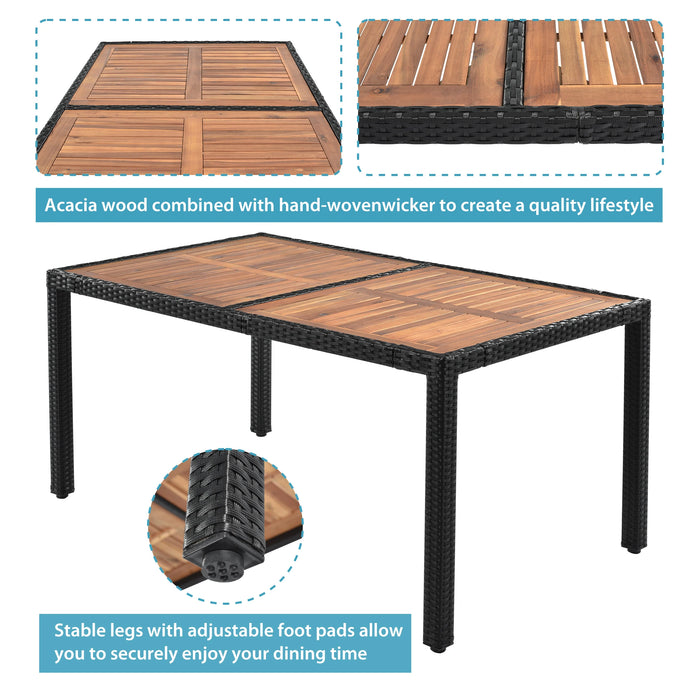 7-Pcs Outdoor Patio Furniture Set Garden PE Rattan Wicker Dining Table&Chairs Set Acacia Wood Tabletop Stackable Armrest Chairs