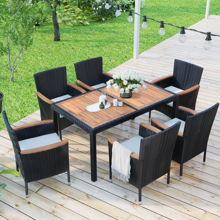 7-Pcs Outdoor Patio Furniture Set Garden PE Rattan Wicker Dining Table&Chairs Set Acacia Wood Tabletop Stackable Armrest Chairs