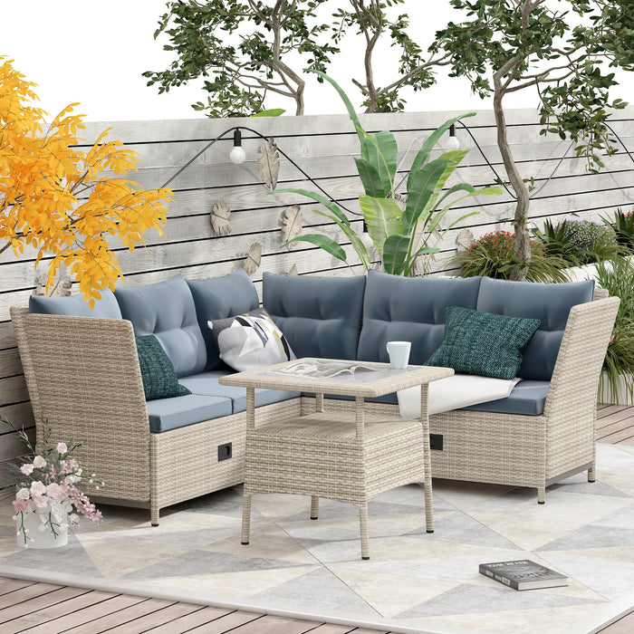 Outdoor Patio 4-Piece All Weather PE Wicker Rattan Sofa Set with Adjustable Backs for Backyard Poolside Gray[US-Stock]