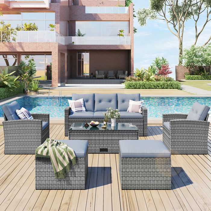 6Pcs All-Weather Wicker PE Rattan Patio Outdoor Dining Conversation Sectional Set W/Coffee Table Wicker Sofas Ottomans Cushions